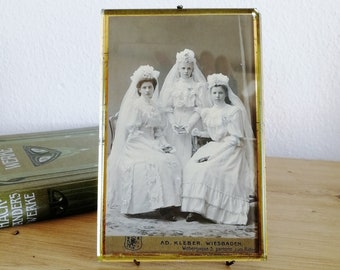 Antique Bevelled Glass Picture Frame, Vintage Brass Easel Photo Frame, Victorian Sepia Portrait Keepsake