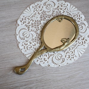 Art nouveau hand mirror with handle Ornate brass handheld mirror