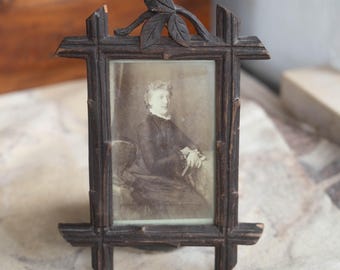 Antique Carved Wood Adirondack Black Forest Frame, Rustic Twig Photo Frame, Vintage Folk Art Picture Frame, Small Cabin Wall Tabletop Decor