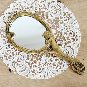 Art nouveau hand mirror Brass handheld mirror Vanity decor