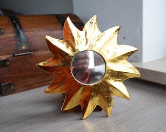 Sunburst wall mirror - Vintage decorative gold mirror - Small celestial sun boho mirror