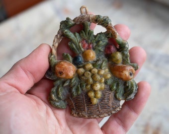 Vintage wax fruit basket ornament - Handcrafted rustic farmhouse decor - Hanging folk art wax relief