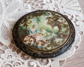 Vintage Rococo Romantic Scene Powder Compact, Antique Ornate Black Gold Vanity Pocket Mirror