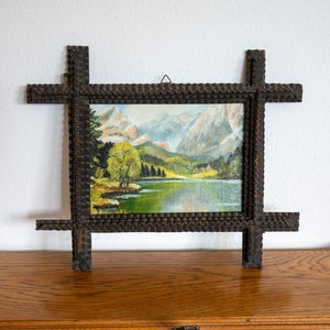 Signed oil painting in antique Tramp art frame Original art in carved wood frame