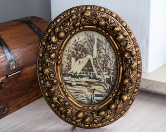 Vintage Oval Gesso Frame, Woven Winter Cabin Tapestry, Rustic Cottagecore Wall Hanging