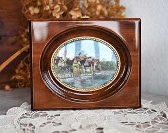 Vintage Hand Painted Miniature European Village Oval Landscape Painting, Wooden Frame Cottagecore Art