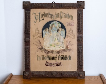 Large tramp art frame - Hand carved wood frame for wall - Antique folk art - Catholic religious gift