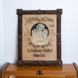 Large tramp art frame - Religious shadow box with 3D Holy angels image- Hand carved wood frame Antique folk wall art Christian catholic gift