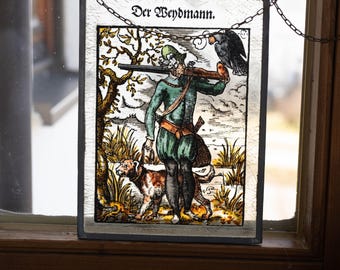 Vintage German Hunter Stained Glass Suncatcher, Woodland Folklore Window Hanging (7" x 9.5"), Hunting Gift