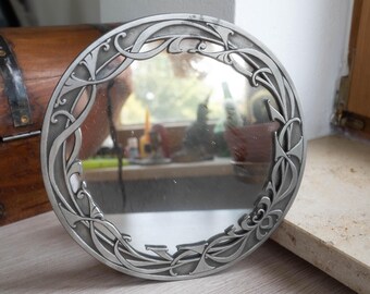 Vintage Art Nouveau Filigree Pewter Round Wall Mirror, Ornate Floral Scroll Home Decor