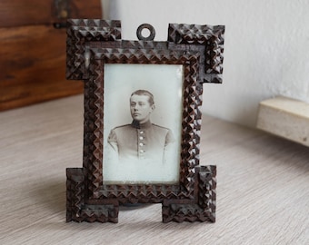 Victorian portrait framed Tramp art frame Antique carved wood picture frame