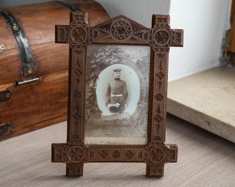 Frisian Chip Carved Wood Frame – Antique Geometric Folk Art Photo Holder