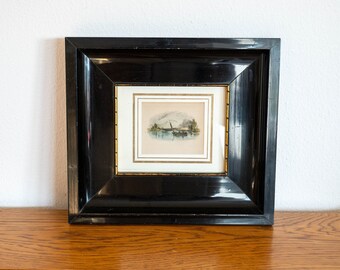 Antique Biedermeier Black Lacquer Gold Trim Landscape Watercolor Painting, Small Original Framed Wall Art