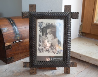 Tramp art frame Antique carved wood frame Layered wooden wall decor German folk art
