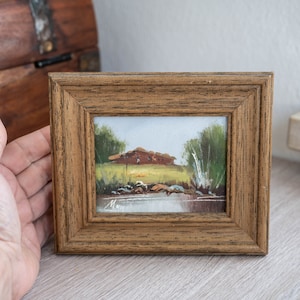 Pintura al óleo original - Arte mural de paisaje - Imagen vintage firmada en marco de madera pequeño - Decoración rústica