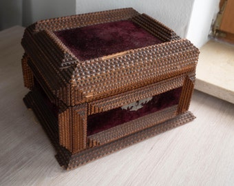 Tramp art box Antique carved wood memory box Layered wood Folk art Keepsake chest