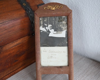 Antique Fabric Narrow Photo Frame, Ornate Brass Insert, Small Art Deco Tabletop Standing Decor
