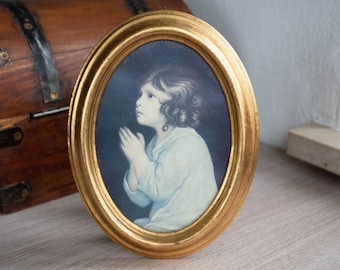 Vintage Gold Oval Carved Wood Frame, Praying Child Portrait Print, Religious Farmhouse Wall Art
