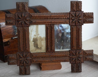 Tramp art frame Antique carved wood picture frame Victorian portrait framed German folk art Layered wooden frame