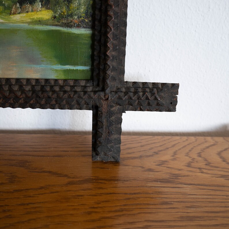 Signed oil painting in antique Tramp art frame Original art in carved wood frame