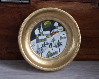 Vintage Naive Winter Village Painting, Gold Round Wood Frame, Small Circle Nursery Wall Art
