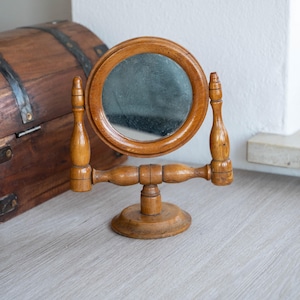 Wood swivel mirror on stand - Vintage round vanity mirror - Wooden makeup / shaving mirror