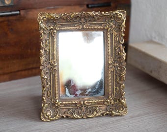 Vintage Gesso Frame Vanity Mirror, Ornate Baroque Tabletop Decor (4" x 4 1/2")