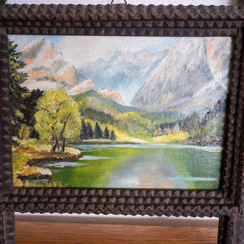 Signed oil painting in antique Tramp art frame Original art in carved wood frame