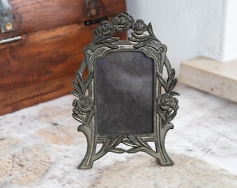 Victorian Art Nouveau Rose Floral Metal Picture Frame, Vintage Black Tabletop Photo Holder