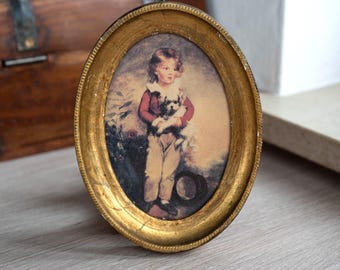 Vintage Gilt Oval Wood Picture Frame, Boy With Dog Portrait, Cottage Style Wall Decor