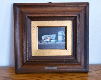 Still life oil painting print in antique dark wooden frame