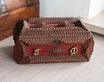 Tramp Art Wood Box, Antique Carved Chest, Rustic Layered Keepsake Case, Vintage Primitive Trinket Coffer, Handmade Memory Storage Home Decor