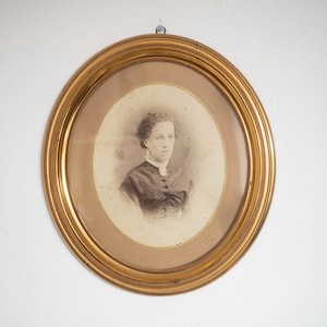 Antique gold wooden frame with cabinet card portrait Large gilt oval wall decor Victorian Biedermeier art Anniversary vintage lover gift