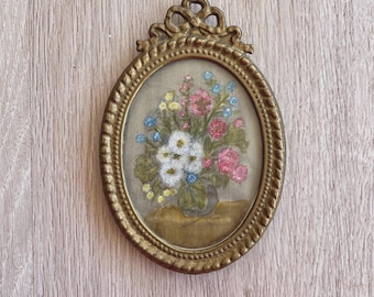 Vintage Brass Bow Oval Frame, Colorful Floral Bouquet Miniature Art, Small Ornate Picture Frame