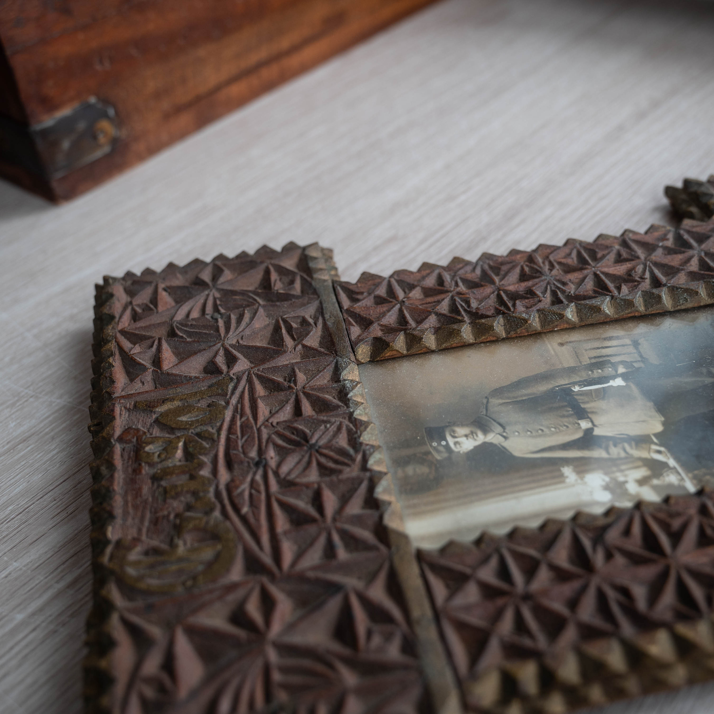 Local German Photo Frame Antique German Tramp Art Frame With Military Portrait - Сarved Wood ...
