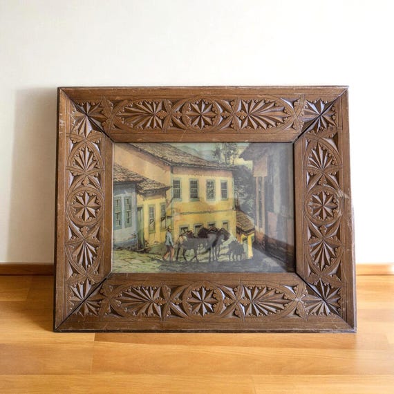 Antique carved wood frame - Ornate wooden photo frisian chipwork frame - Art nouveau wall picture frame - Vintage lover gift