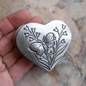 Heart shaped box Pewter decorative small jewelry or trinket casket with lid Butterfly lilies of the valley Silver pill case Cottagecore gift