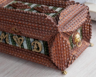 Tramp art box Antique folk art Hand carved wood box Small wooden chest
