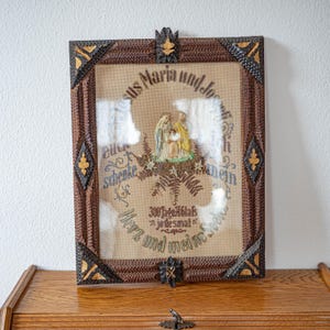 Antique religious shadow box with hand carved wood tramp art frame - Holy Family 3D wall art - Catholic devotional gift - German folk art