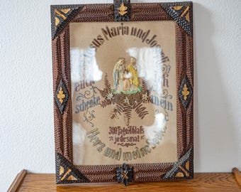 Antique German Tramp Art Fern Holy Family Shadow Box, Hand Carved 3D Religious Wall Decor, Vintage Catholic Devotional Picture Frame