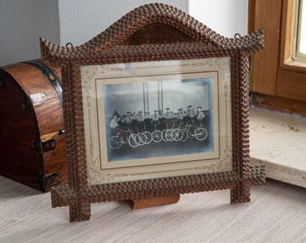 Tramp art frame Antique carved wood picture frame Victorian portrait framed German folk art Layered wooden frame