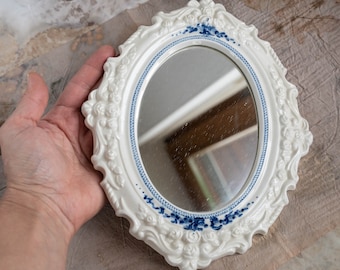 Vintage  small porcelain mirror White oval accent mirror Grandmillenial wall art