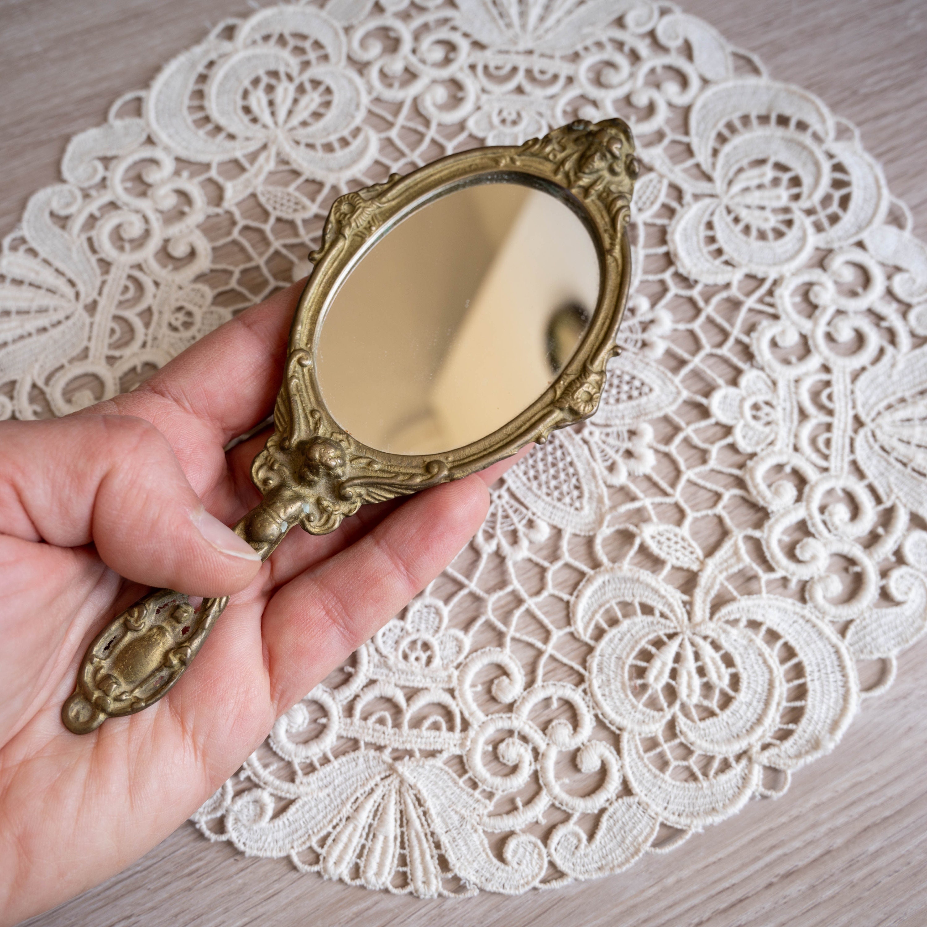 Brass Hand Mirror Antique Ornate Handheld Mirror With Cherub Etsy