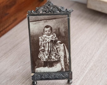 Antique Art Nouveau Floral Metal Picture Frame, Ornate Jugendstil Photo Holder, Vintage Tin Cabinet Card Original Portrait