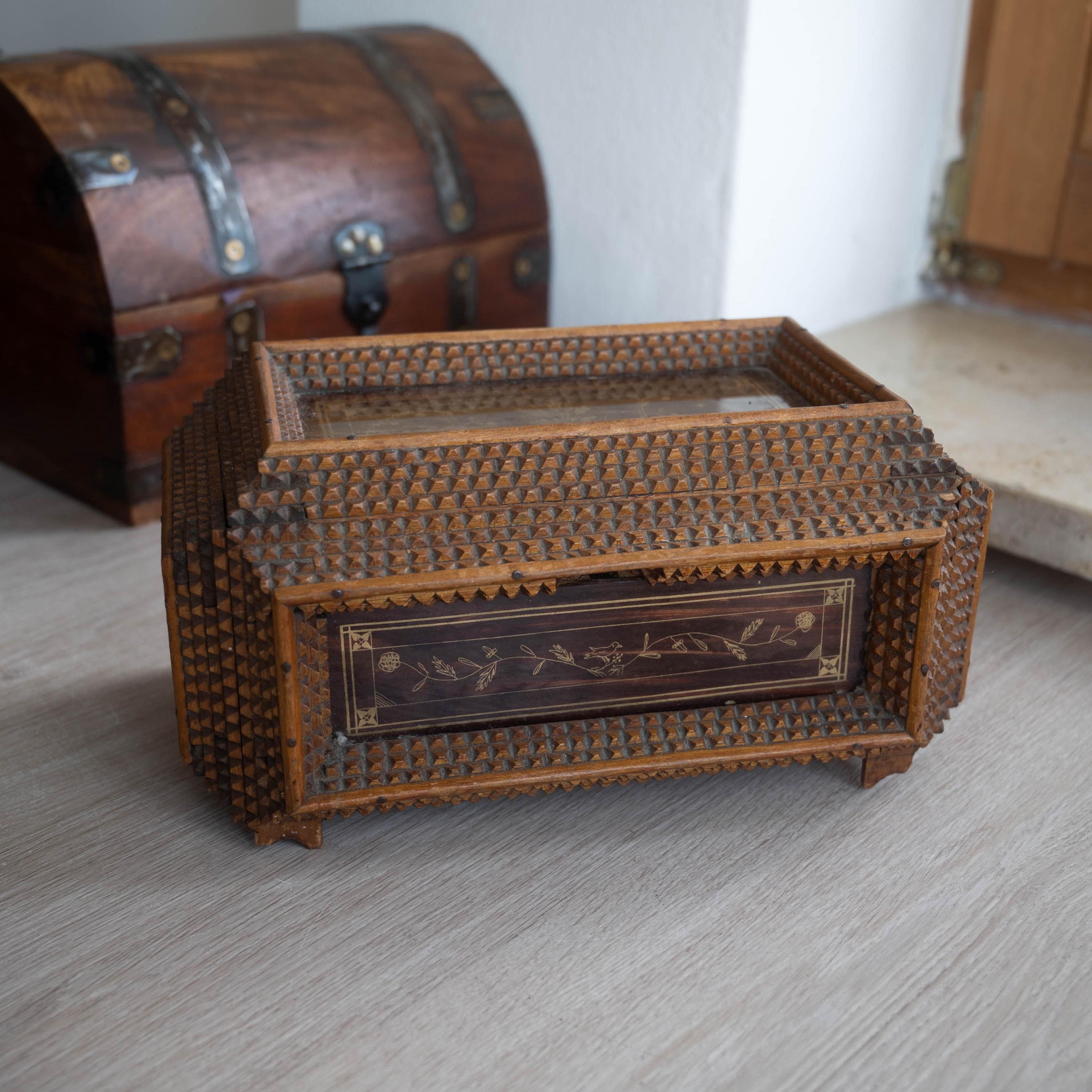 Antique tramp art box Hand carved wood memory box Folk art