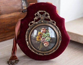 Vintage Floral Oil Painting – Signed Artwork, Velvet & Brass Bow Frame, Louis XVI style