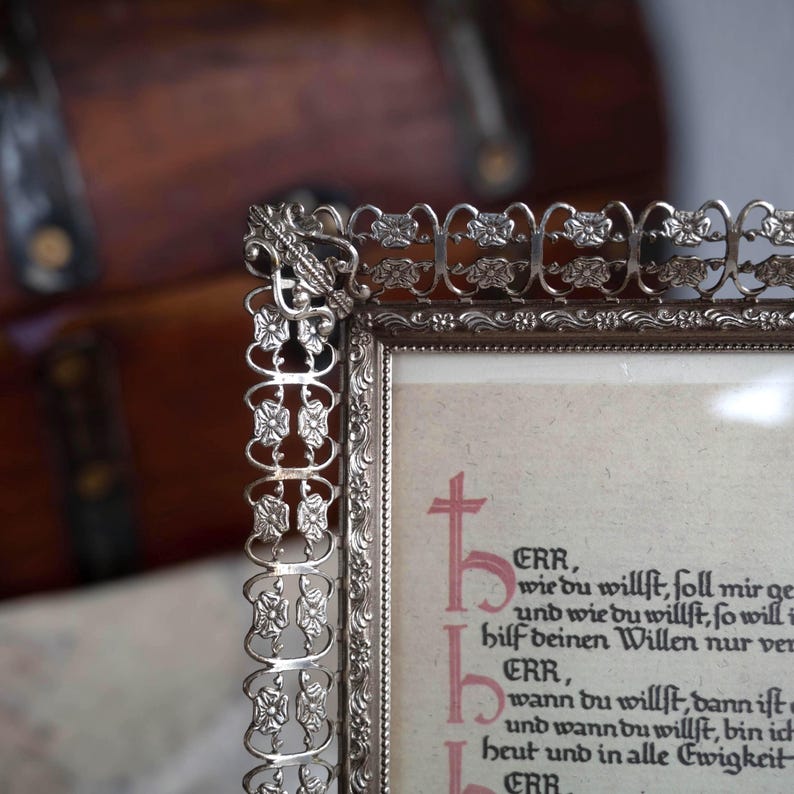 Vintage Silver Ornate Frame - Antique German Prayer Print - Convex ...