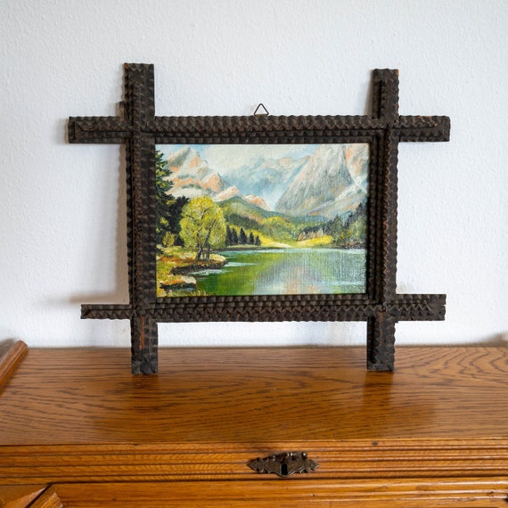 Signed oil painting in antique Tramp art frame - Original artwork in carved wood frame - Rustic landscape wall decor