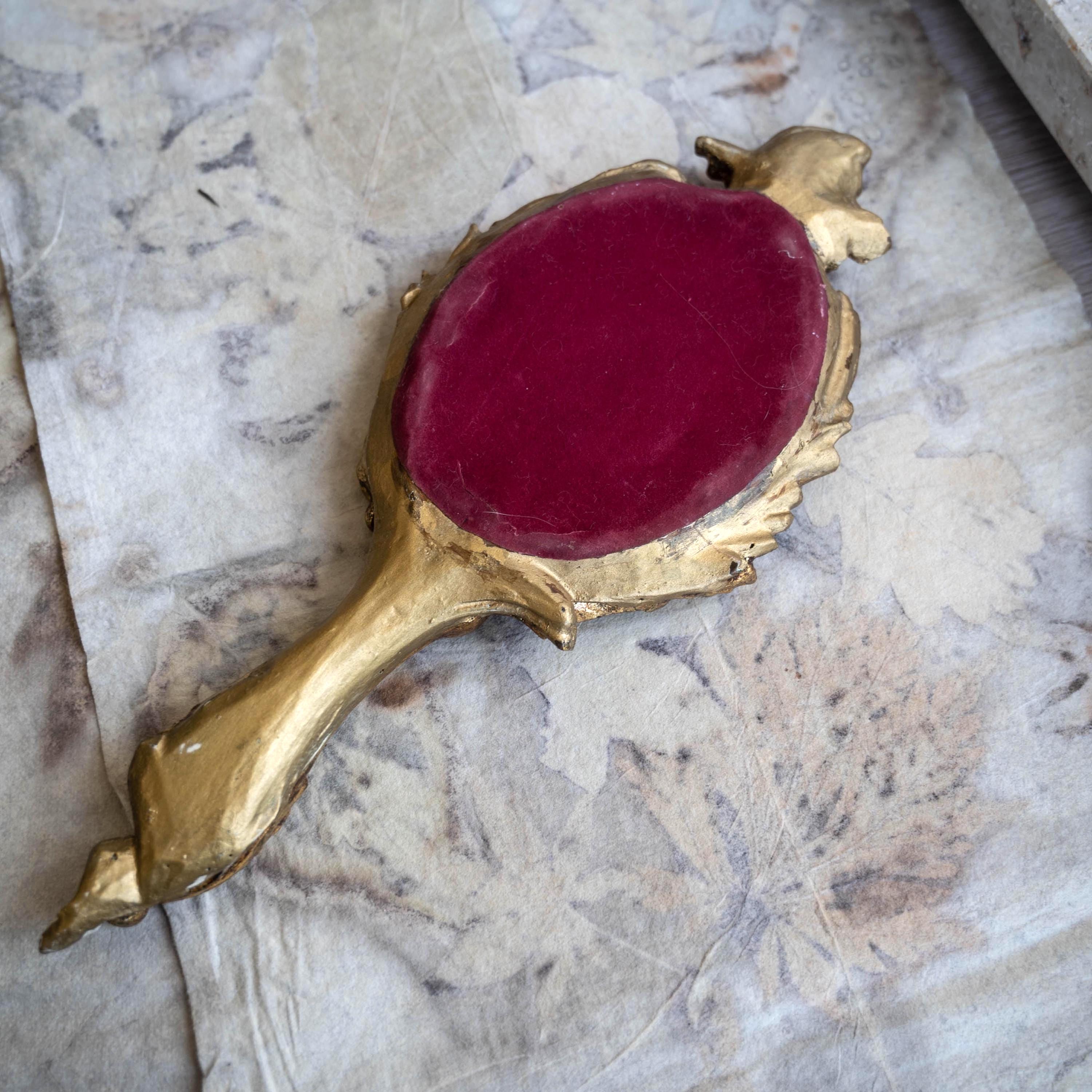 Antique Ornate Hand Mirror Gold Floral Wood Handheld Mirror Italian ...