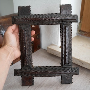 Antique tramp art frame Black forest carved wood frame Trench folk art